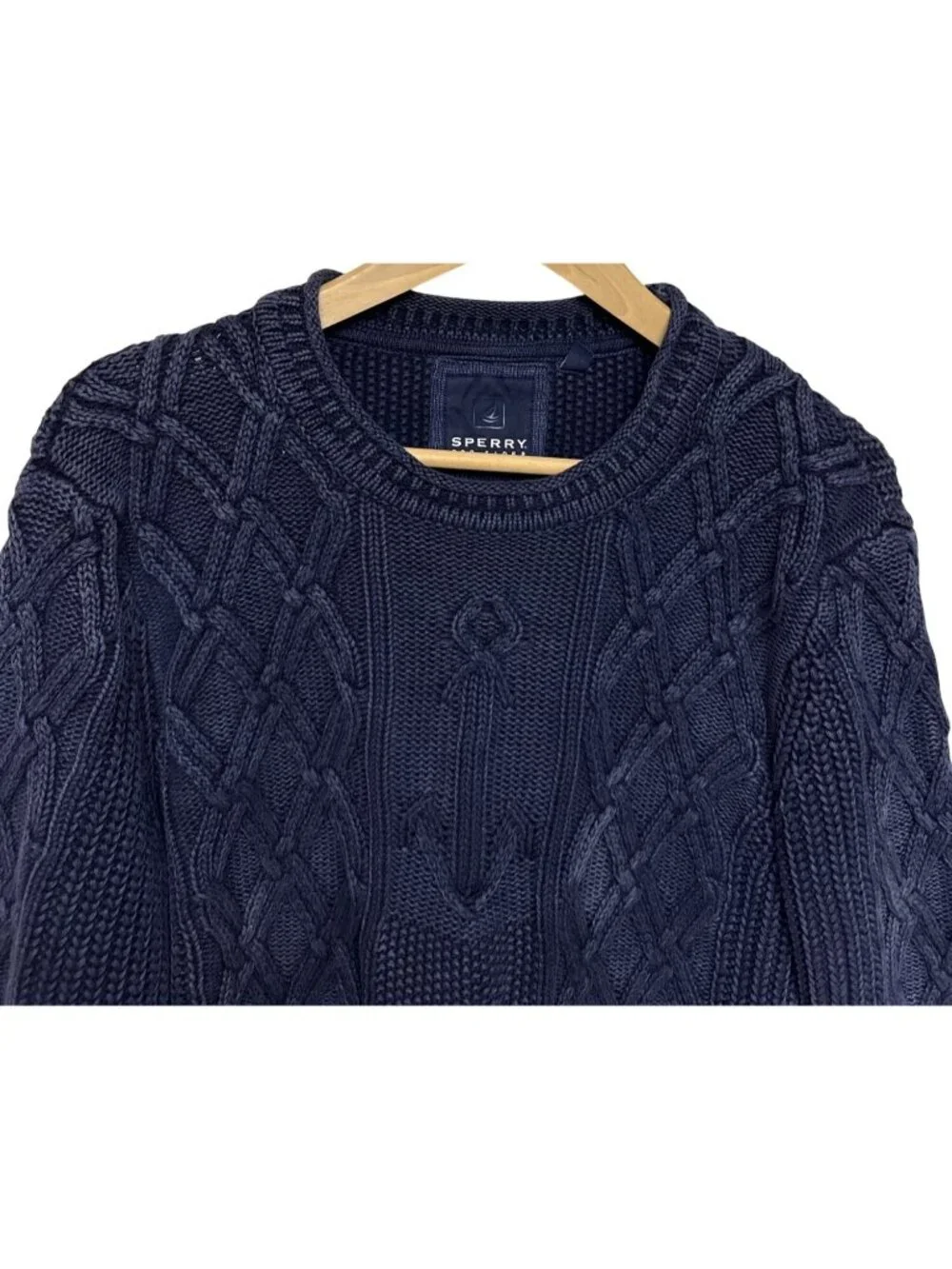 Sperry Men's Sweater Crewneck Cable Knit Anchor Textured Blue Large Nautical